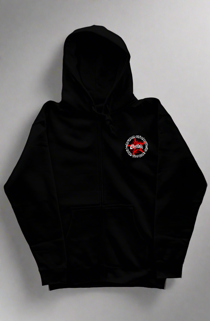 Black Outlaw Zip Up Hoodie with embroidered logo, full-length zipper, adjustable hood, and kangaroo pocket.