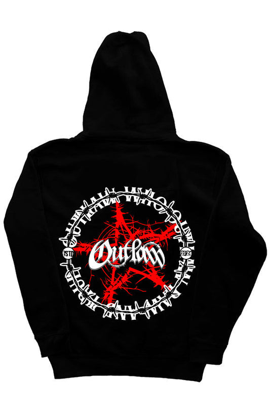 Outlaw Zip Up Hoodie with full-length front zipper, adjustable drawstring hood, and unique graphic design on the back.