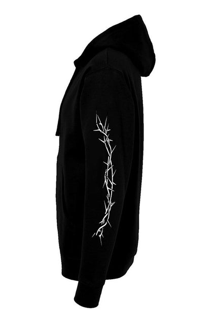 Black zip-up hoodie with white barbed wire design on sleeve, featuring full-length zipper and adjustable hood for versatile styling.